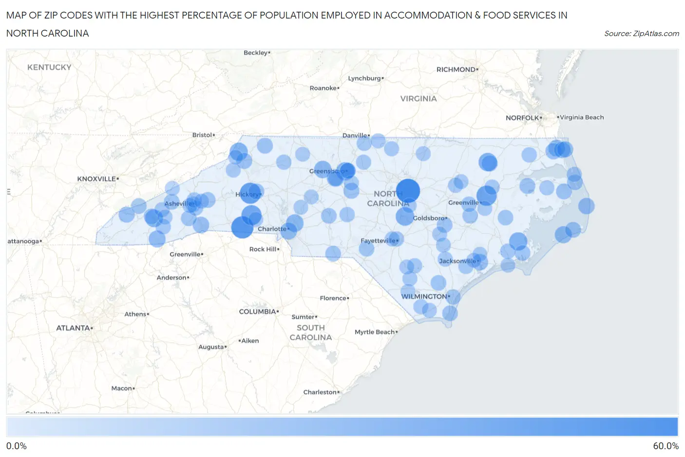 Zip Codes with the Highest Percentage of Population Employed in Accommodation & Food Services in North Carolina Map