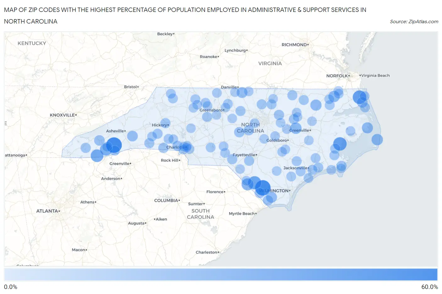 Zip Codes with the Highest Percentage of Population Employed in Administrative & Support Services in North Carolina Map