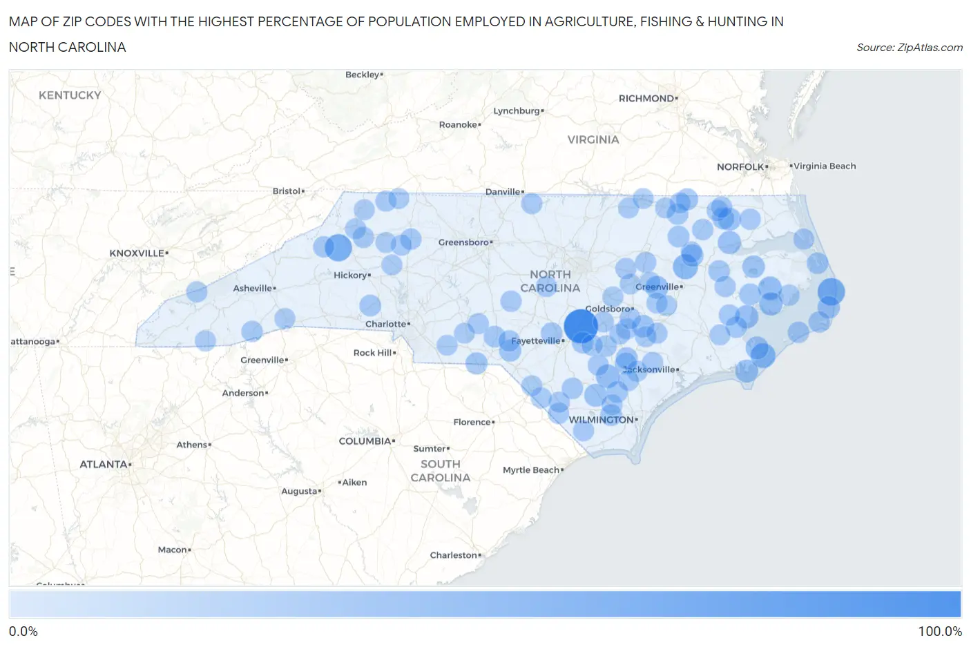 Zip Codes with the Highest Percentage of Population Employed in Agriculture, Fishing & Hunting in North Carolina Map