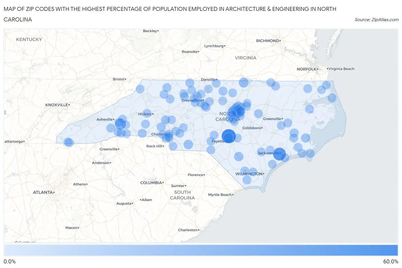 Zip Codes with the Highest Percentage of Population Employed in Architecture & Engineering in North Carolina Map