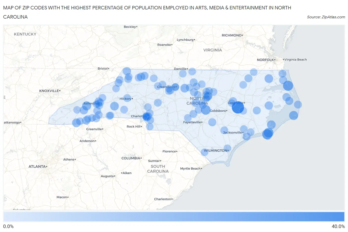 Zip Codes with the Highest Percentage of Population Employed in Arts, Media & Entertainment in North Carolina Map