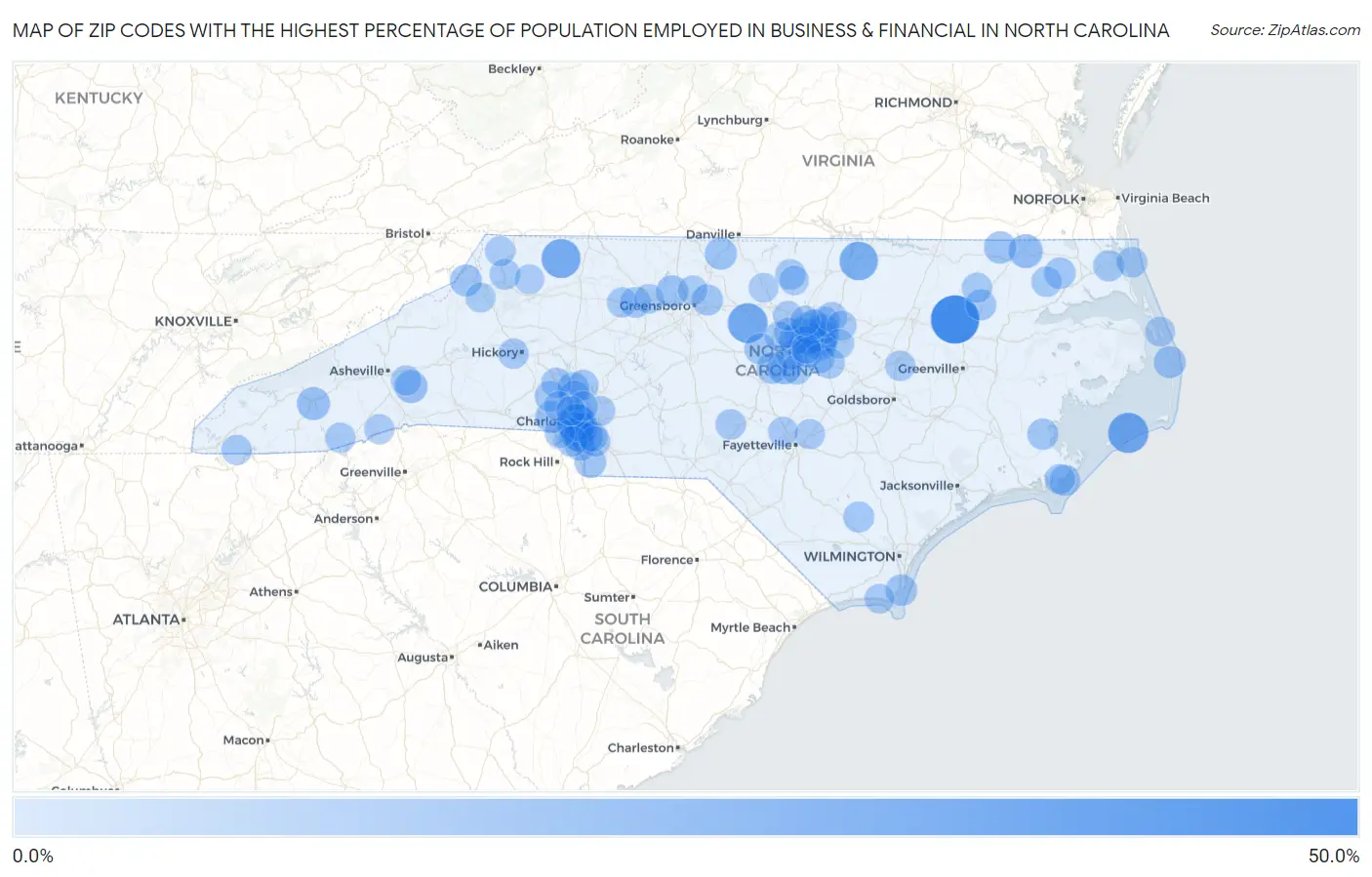 Zip Codes with the Highest Percentage of Population Employed in Business & Financial in North Carolina Map