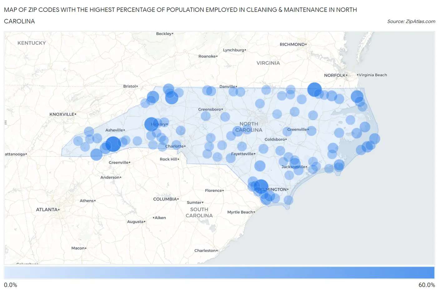 Zip Codes with the Highest Percentage of Population Employed in Cleaning & Maintenance in North Carolina Map