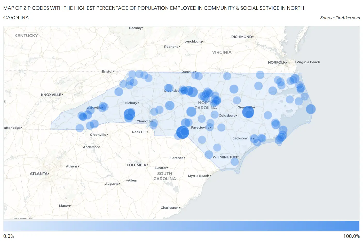 Zip Codes with the Highest Percentage of Population Employed in Community & Social Service  in North Carolina Map