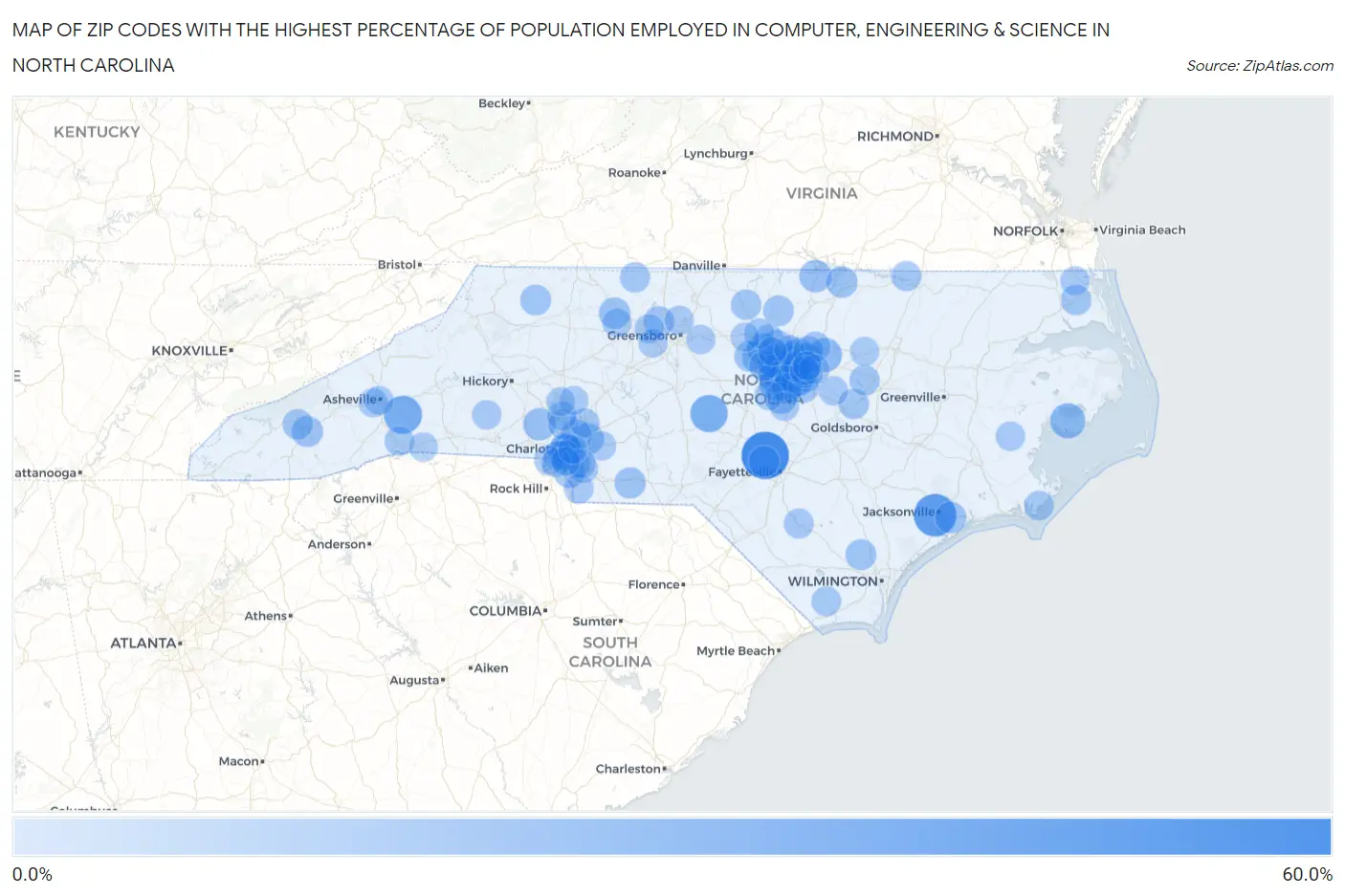 Zip Codes with the Highest Percentage of Population Employed in Computer, Engineering & Science in North Carolina Map