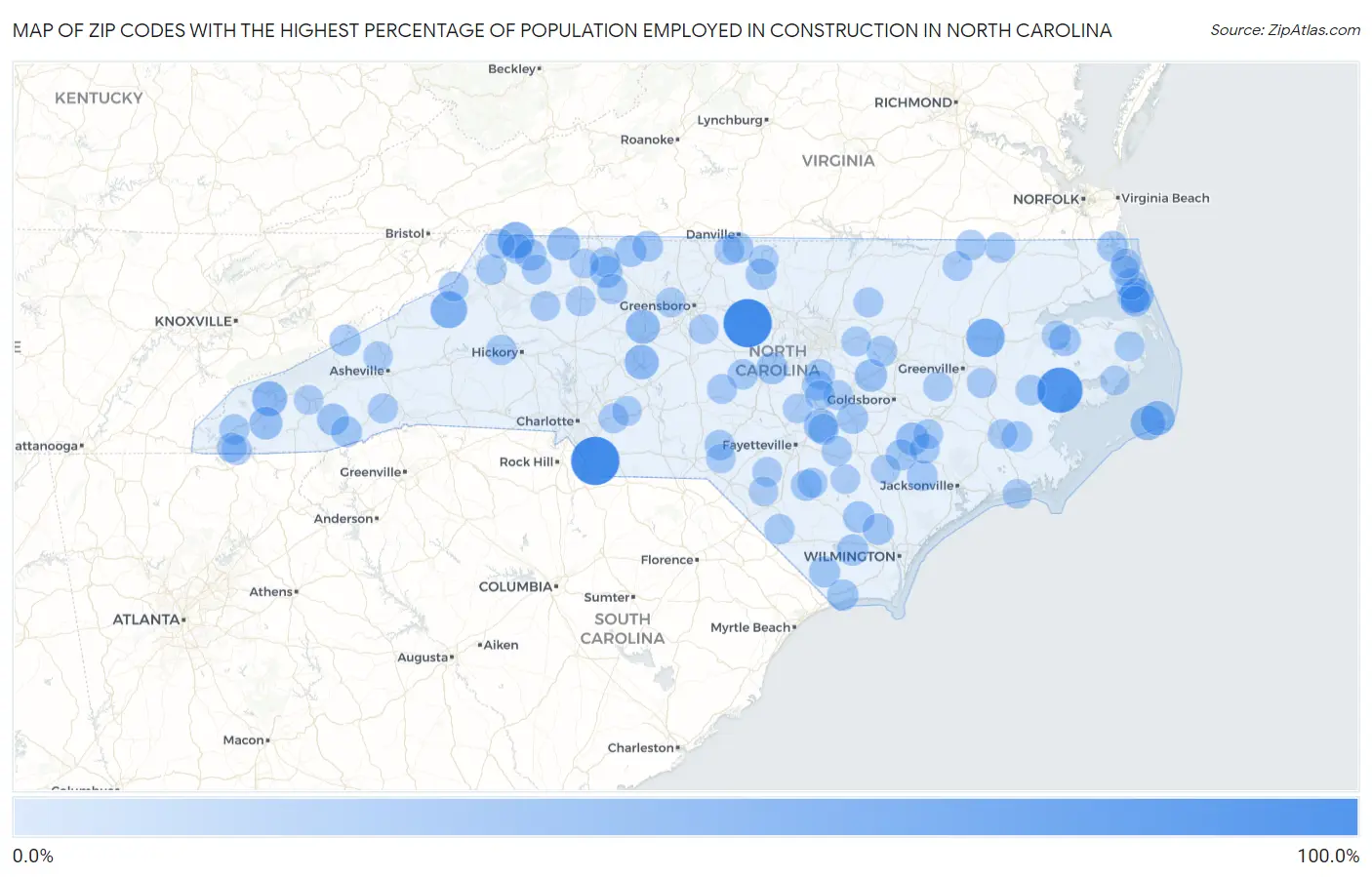 Zip Codes with the Highest Percentage of Population Employed in Construction in North Carolina Map