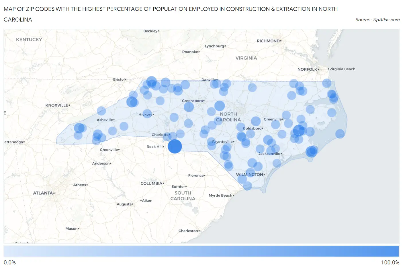 Zip Codes with the Highest Percentage of Population Employed in Construction & Extraction in North Carolina Map