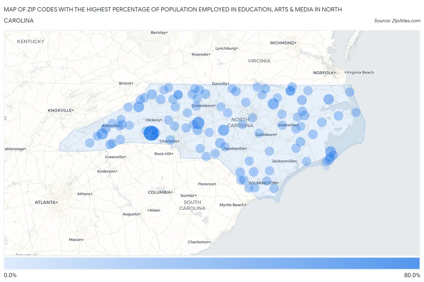 Zip Codes with the Highest Percentage of Population Employed in Education, Arts & Media in North Carolina Map