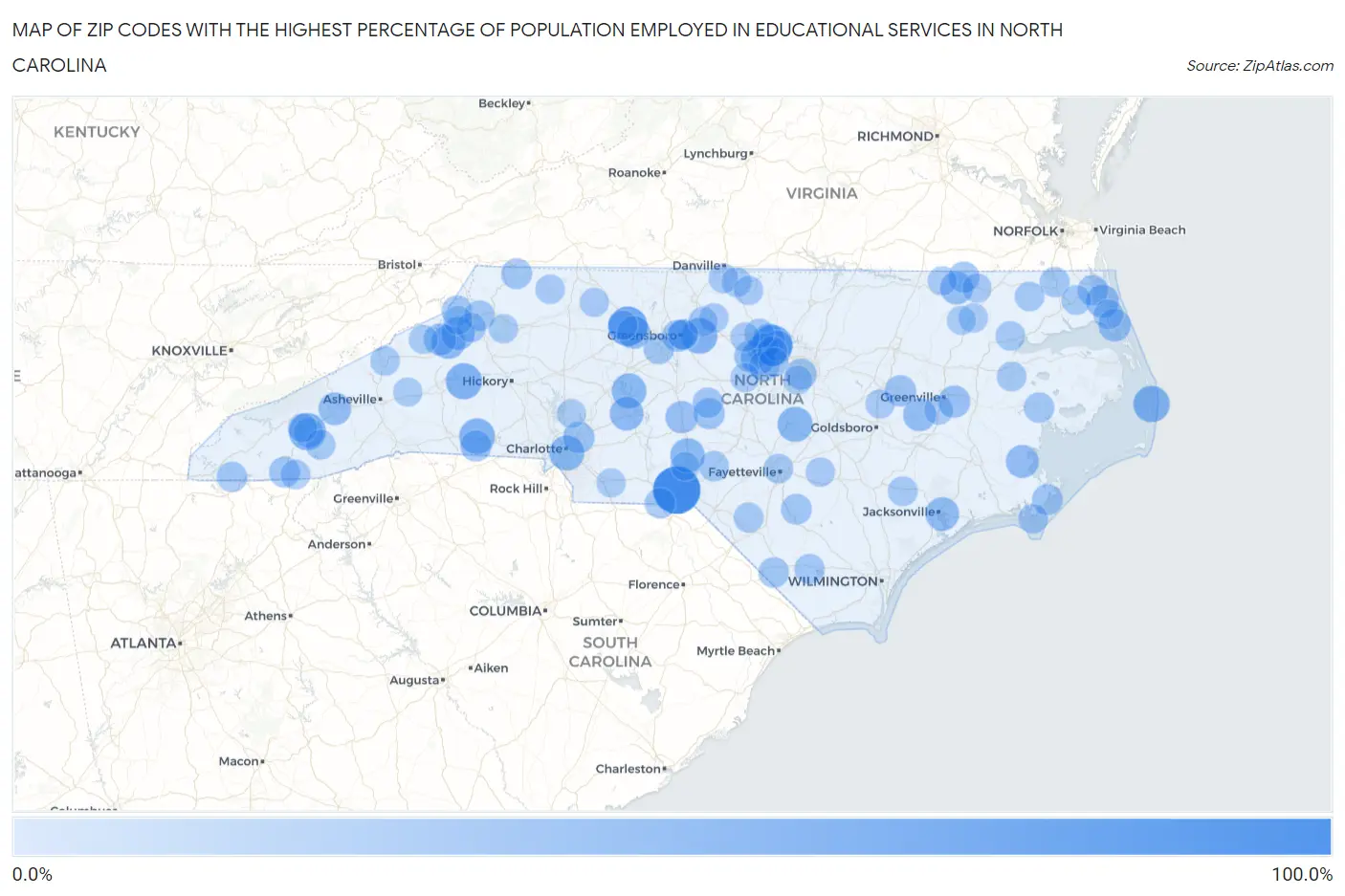 Zip Codes with the Highest Percentage of Population Employed in Educational Services in North Carolina Map