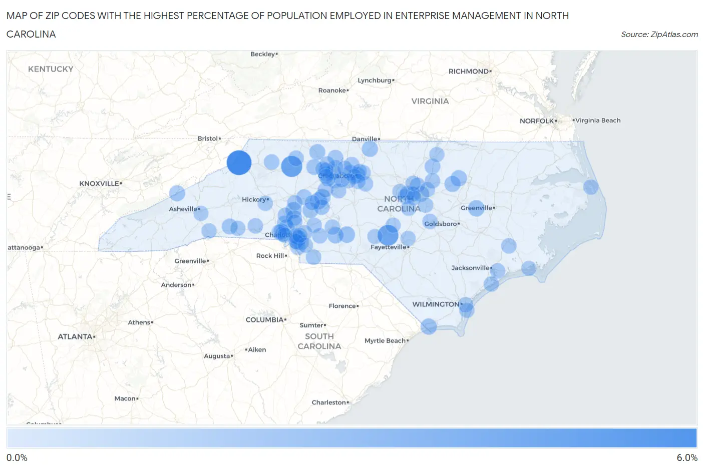 Zip Codes with the Highest Percentage of Population Employed in Enterprise Management in North Carolina Map