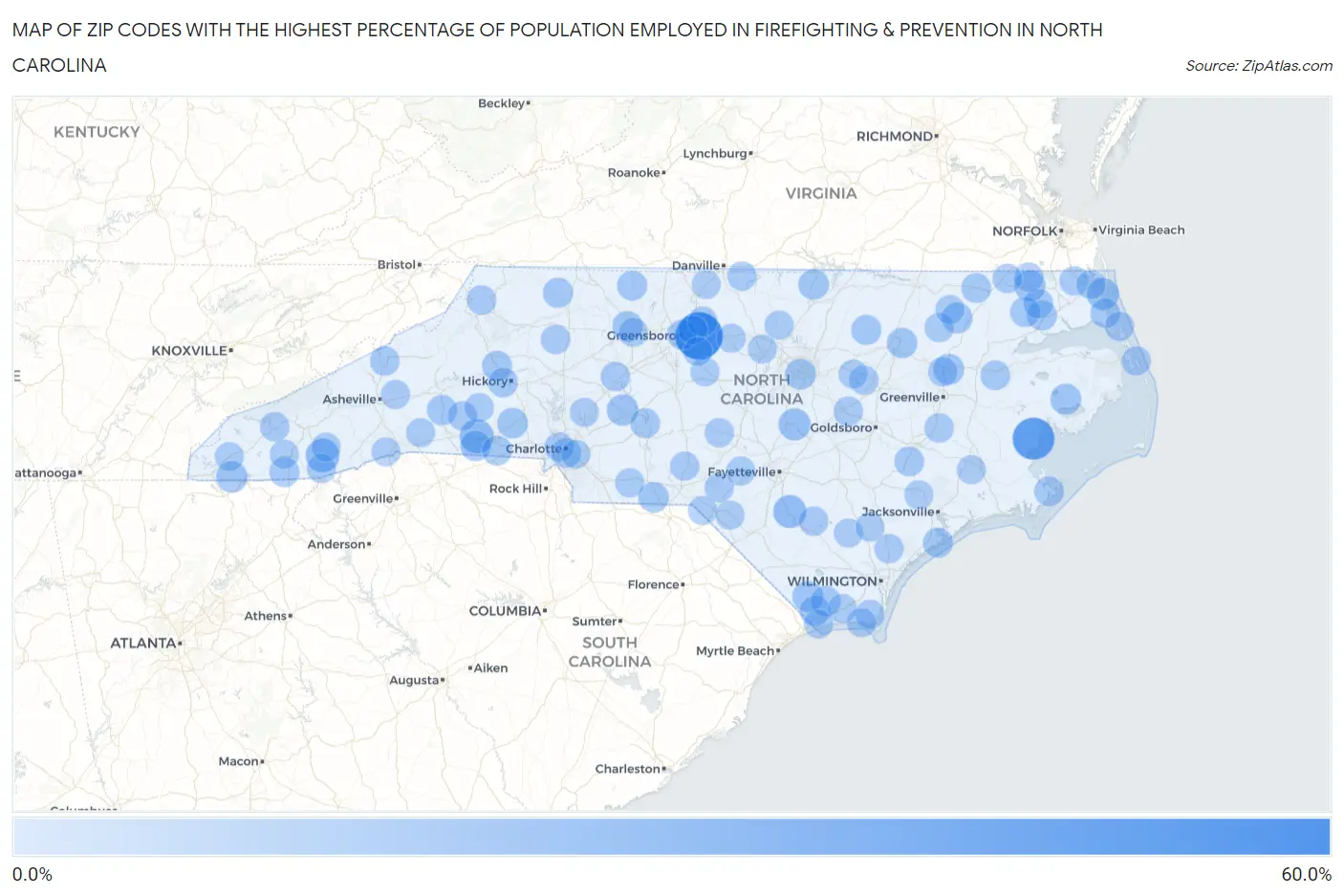 Zip Codes with the Highest Percentage of Population Employed in Firefighting & Prevention in North Carolina Map