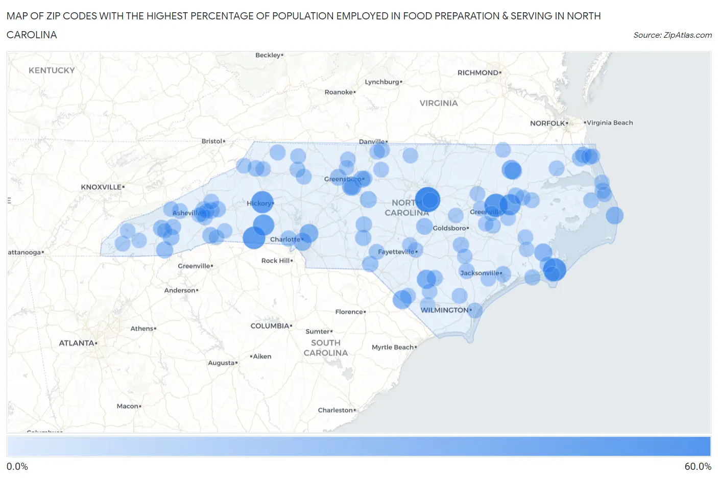 Zip Codes with the Highest Percentage of Population Employed in Food Preparation & Serving in North Carolina Map