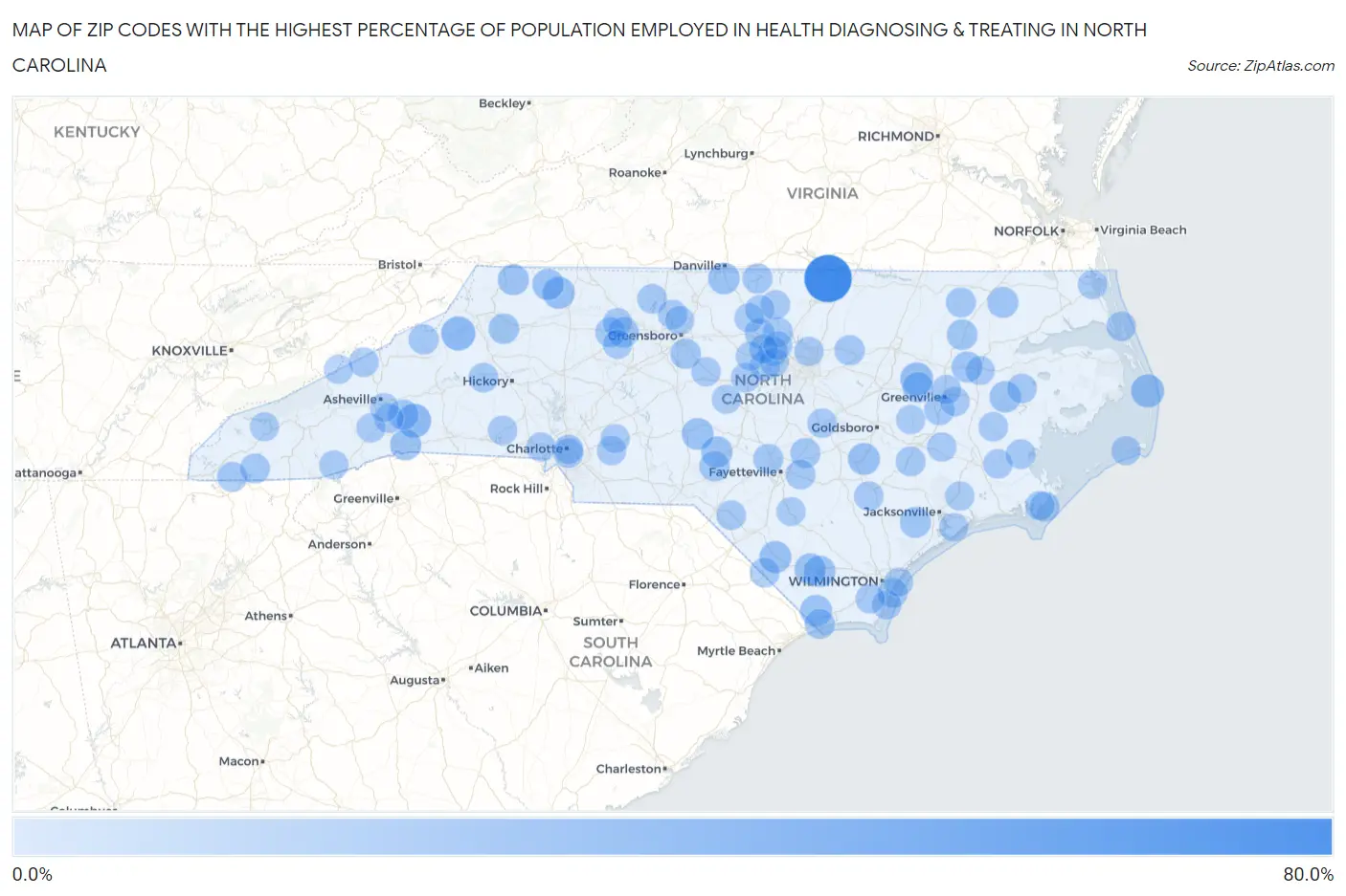 Zip Codes with the Highest Percentage of Population Employed in Health Diagnosing & Treating in North Carolina Map