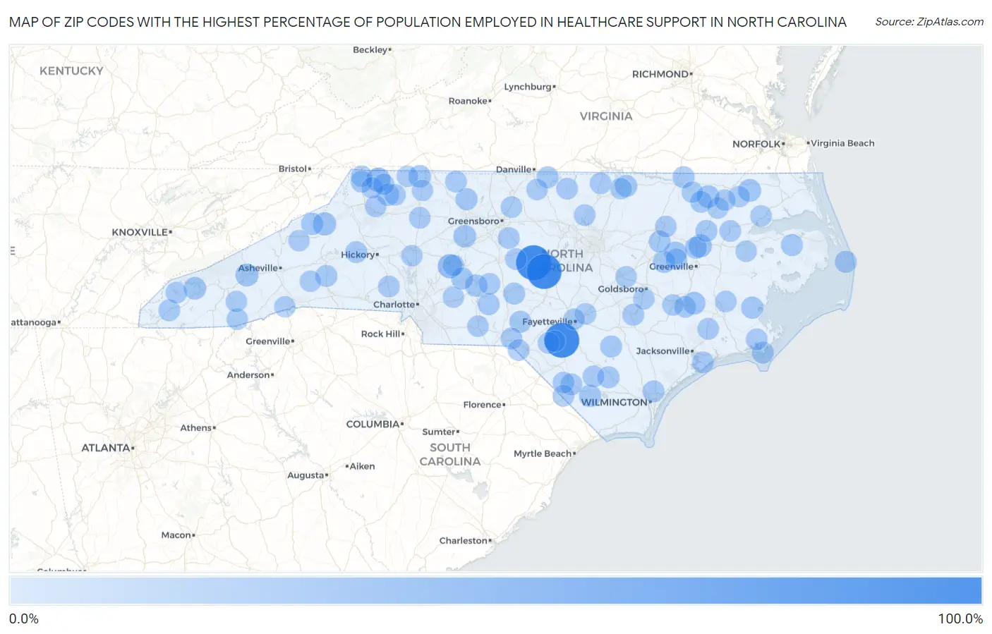 Zip Codes with the Highest Percentage of Population Employed in Healthcare Support in North Carolina Map