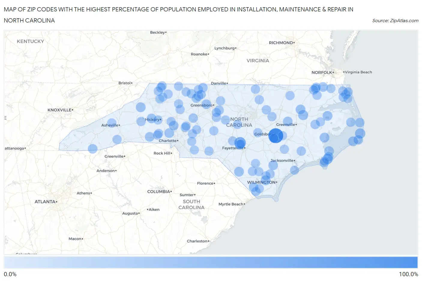 Zip Codes with the Highest Percentage of Population Employed in Installation, Maintenance & Repair in North Carolina Map