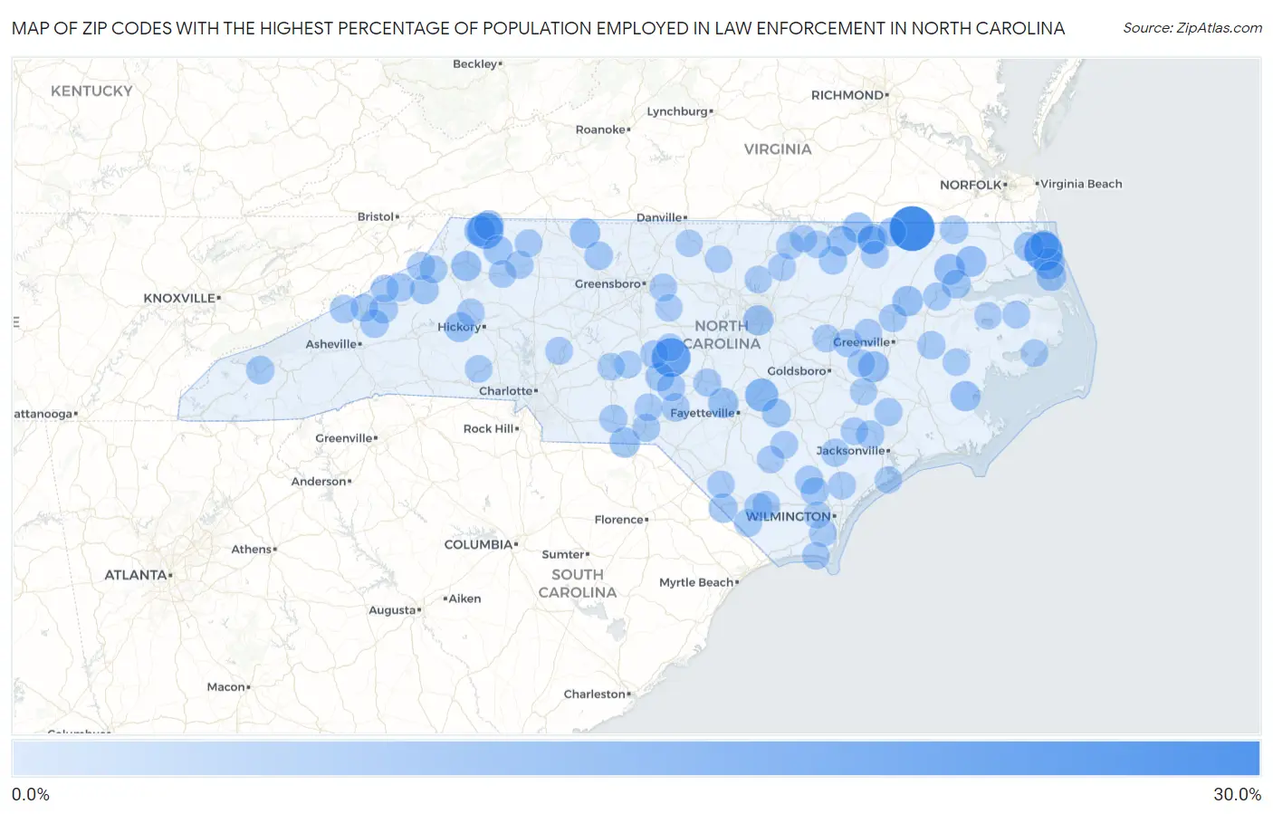 Zip Codes with the Highest Percentage of Population Employed in Law Enforcement in North Carolina Map