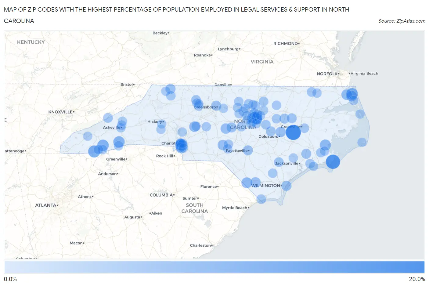 Zip Codes with the Highest Percentage of Population Employed in Legal Services & Support in North Carolina Map
