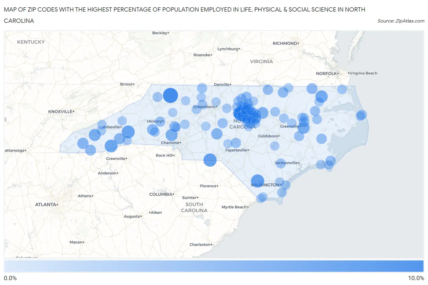 Zip Codes with the Highest Percentage of Population Employed in Life, Physical & Social Science in North Carolina Map