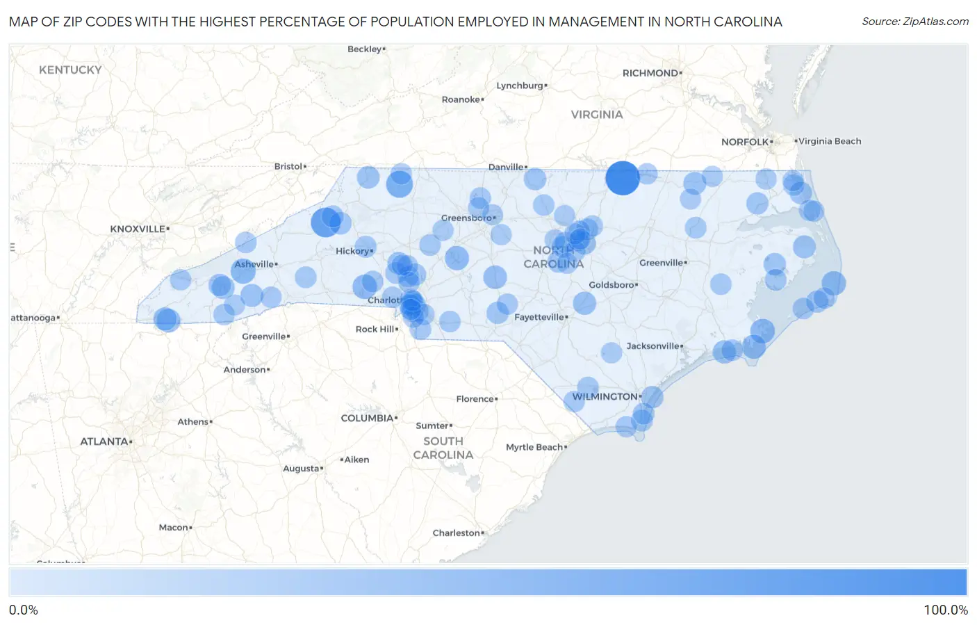 Zip Codes with the Highest Percentage of Population Employed in Management in North Carolina Map