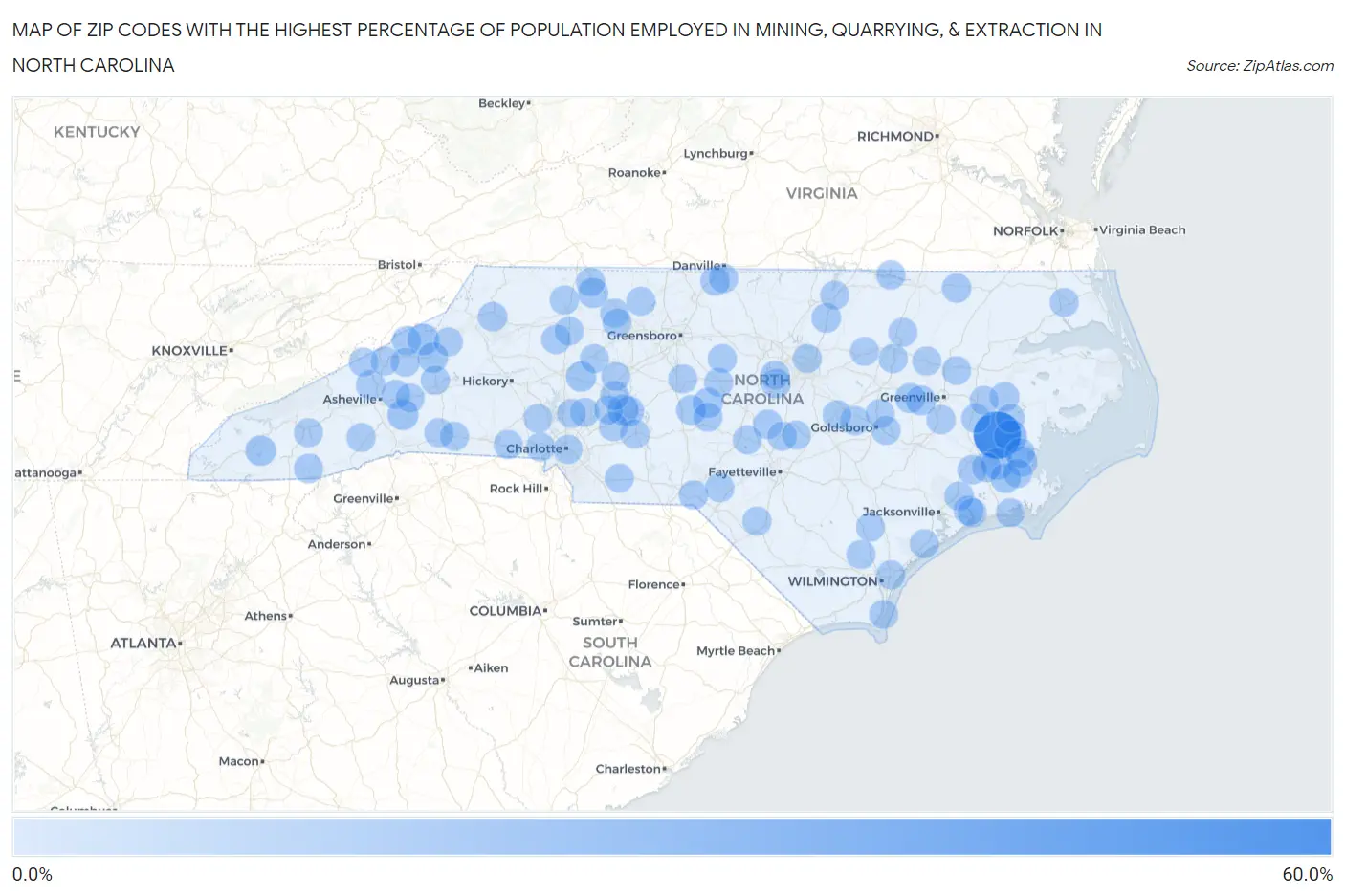 Zip Codes with the Highest Percentage of Population Employed in Mining, Quarrying, & Extraction in North Carolina Map