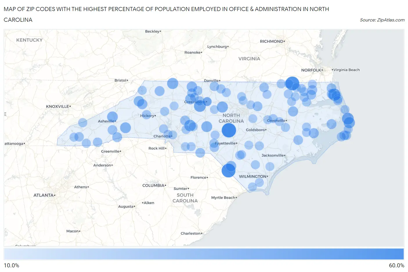 Zip Codes with the Highest Percentage of Population Employed in Office & Administration in North Carolina Map