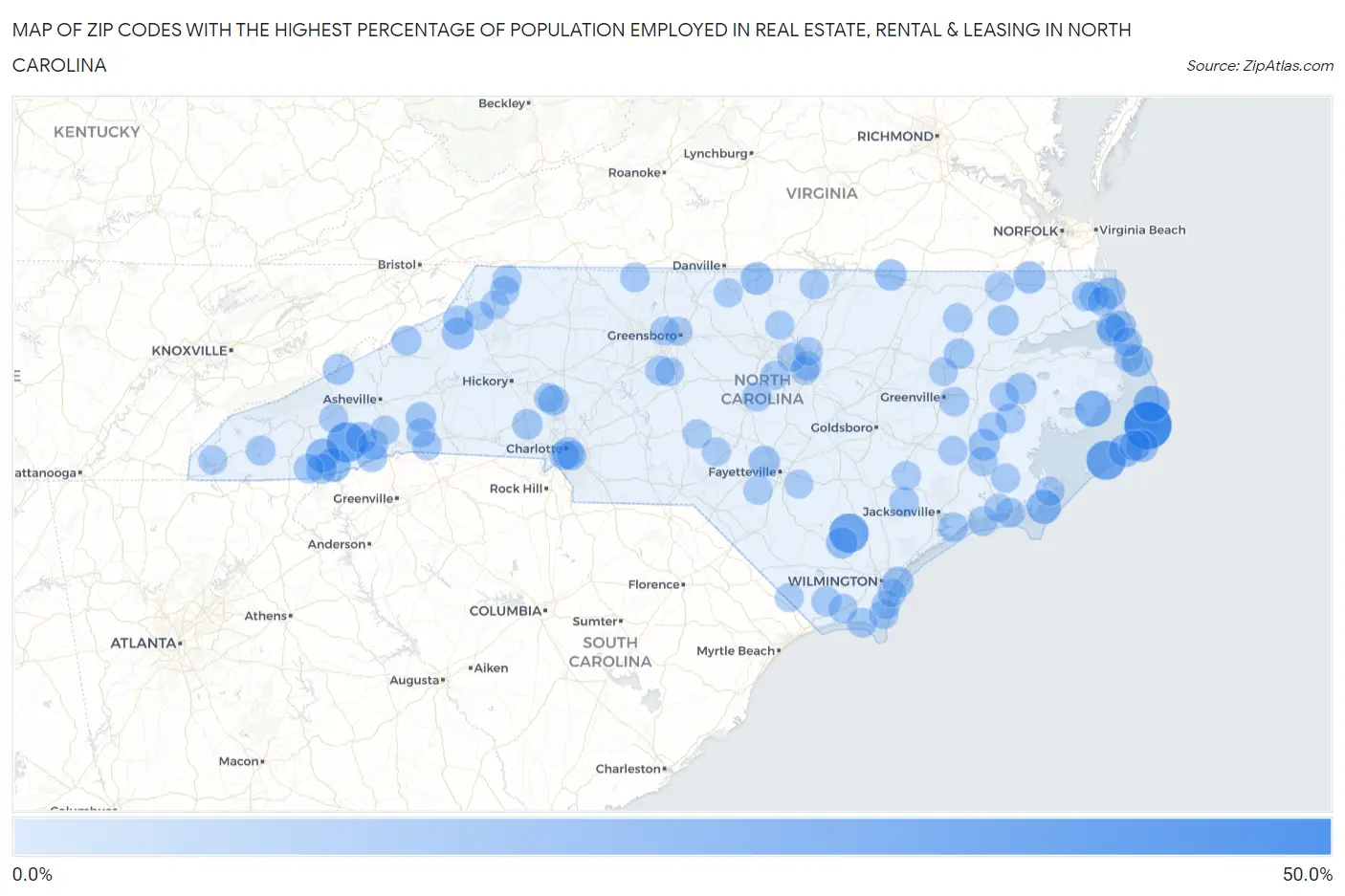 Zip Codes with the Highest Percentage of Population Employed in Real Estate, Rental & Leasing in North Carolina Map