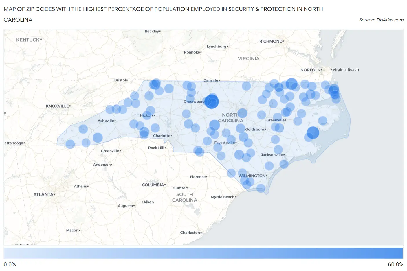 Zip Codes with the Highest Percentage of Population Employed in Security & Protection in North Carolina Map