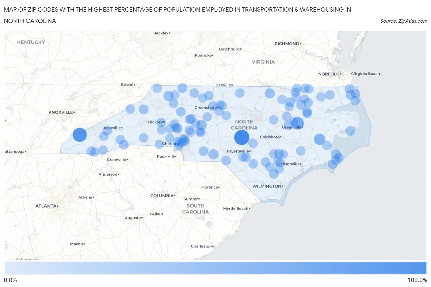 Zip Codes with the Highest Percentage of Population Employed in Transportation & Warehousing in North Carolina Map
