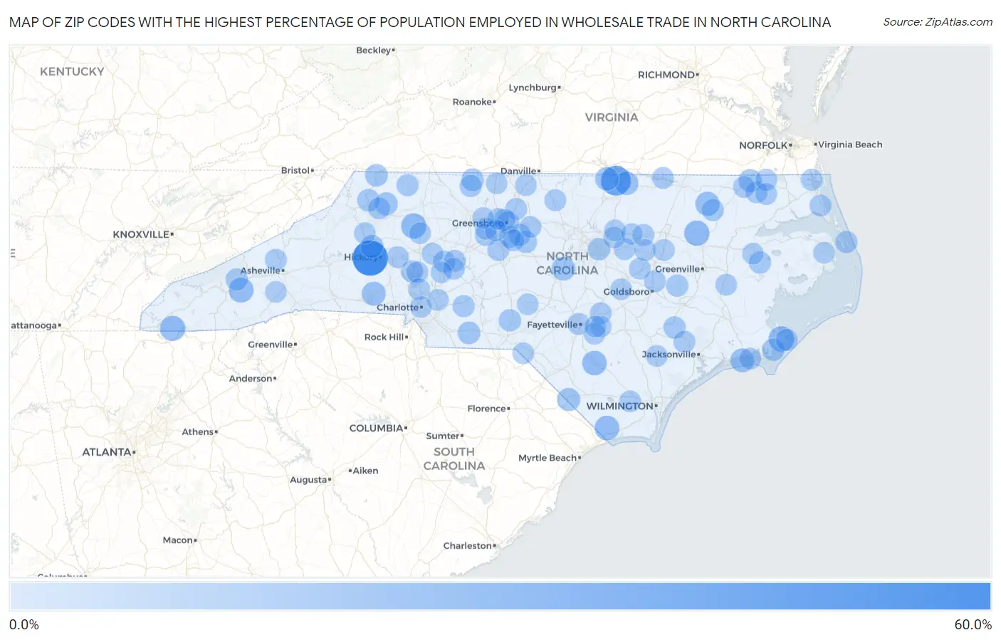 Zip Codes with the Highest Percentage of Population Employed in Wholesale Trade in North Carolina Map