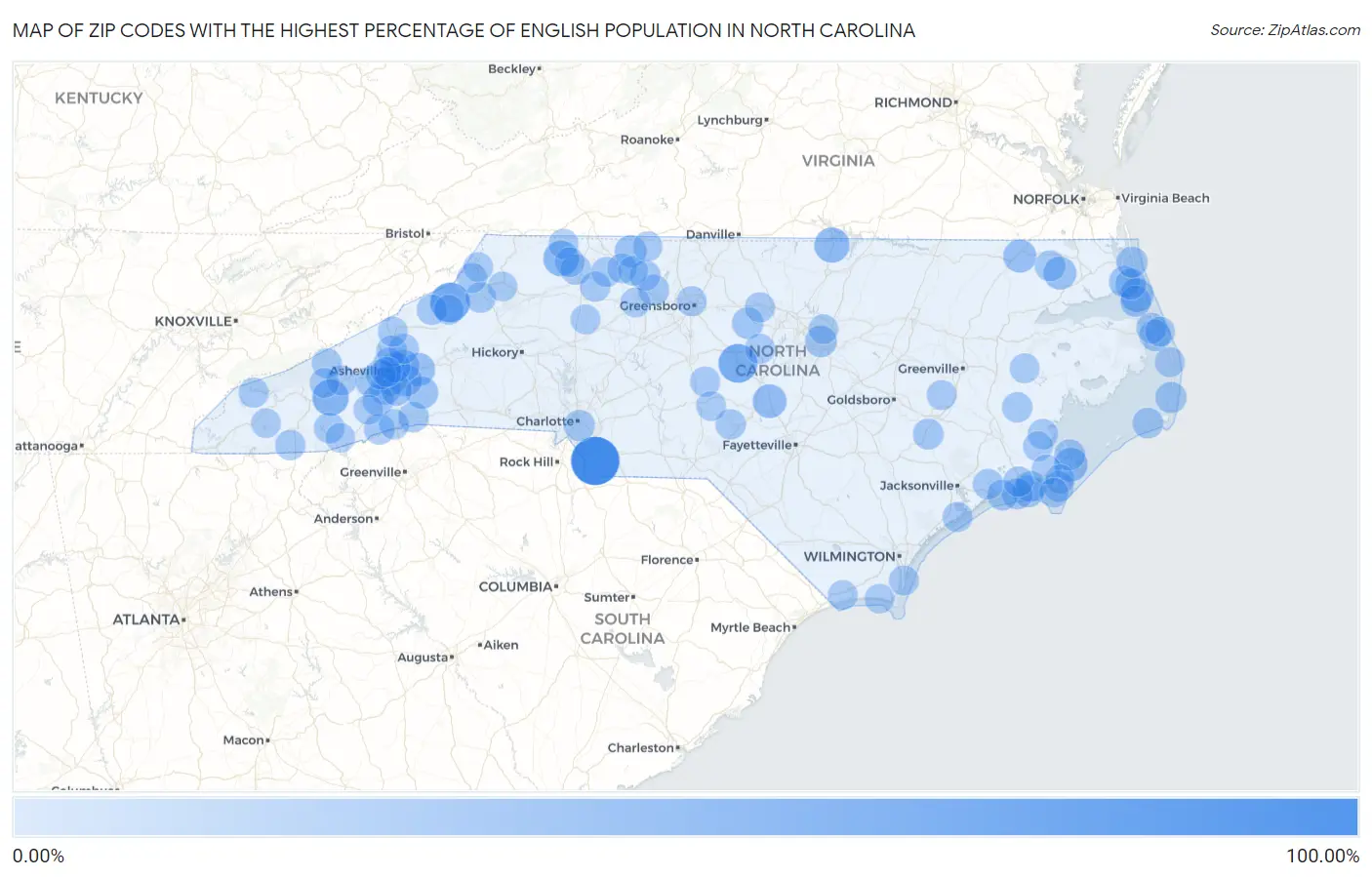 Zip Codes with the Highest Percentage of English Population in North Carolina Map