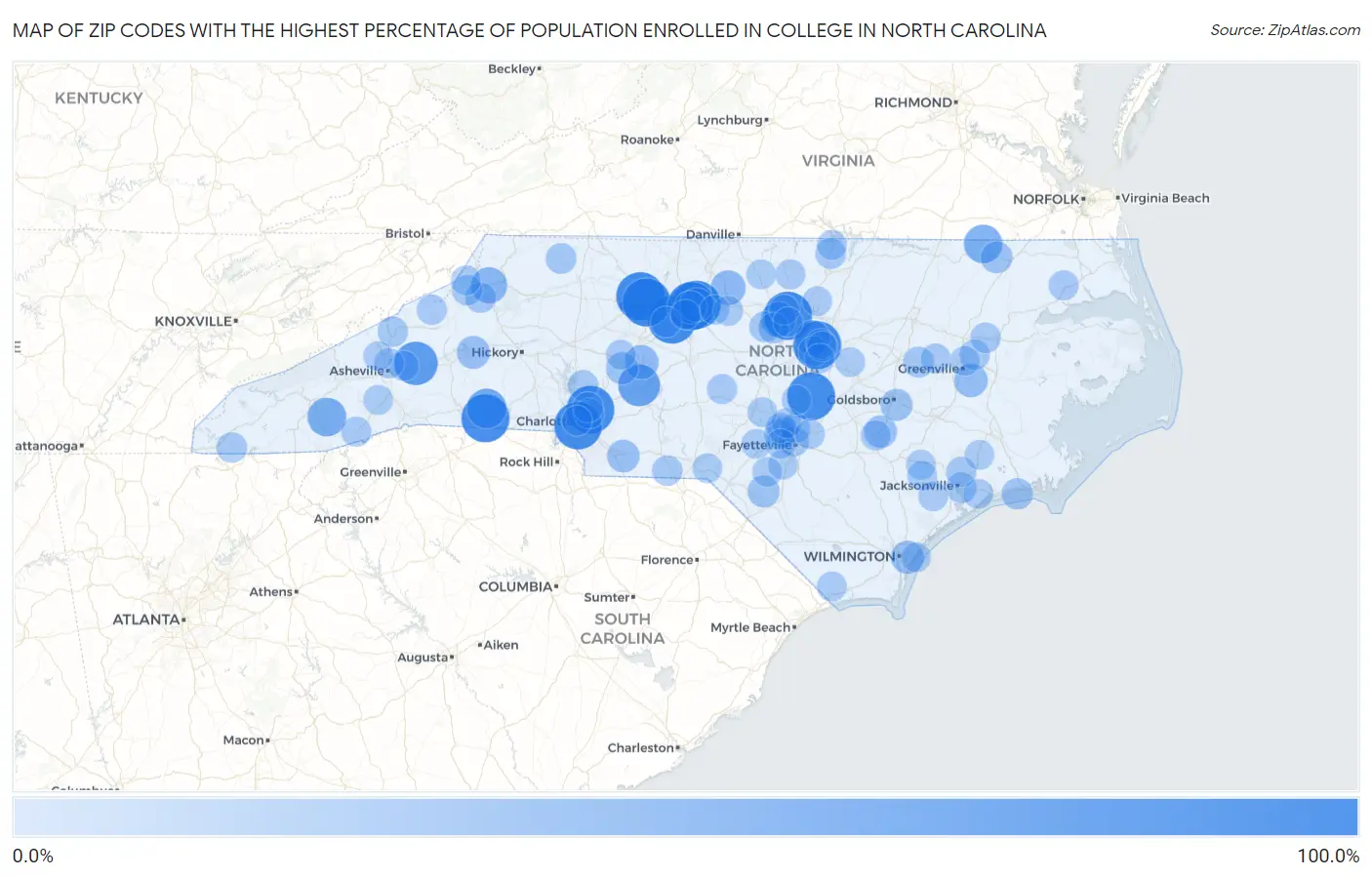 Zip Codes with the Highest Percentage of Population Enrolled in College in North Carolina Map