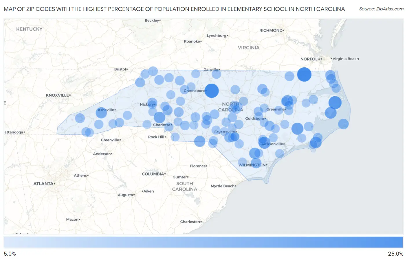 Zip Codes with the Highest Percentage of Population Enrolled in Elementary School in North Carolina Map