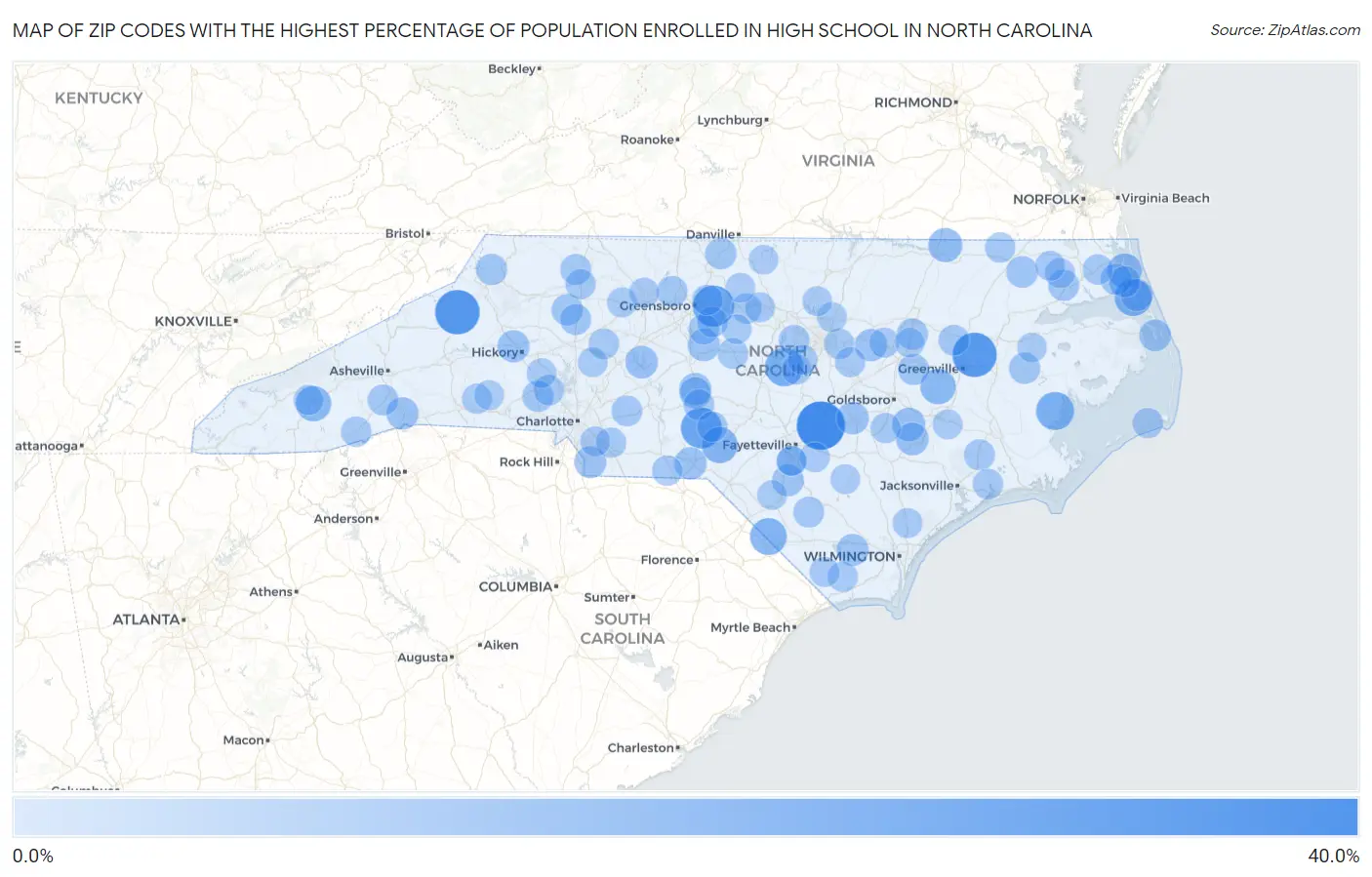 Zip Codes with the Highest Percentage of Population Enrolled in High School in North Carolina Map