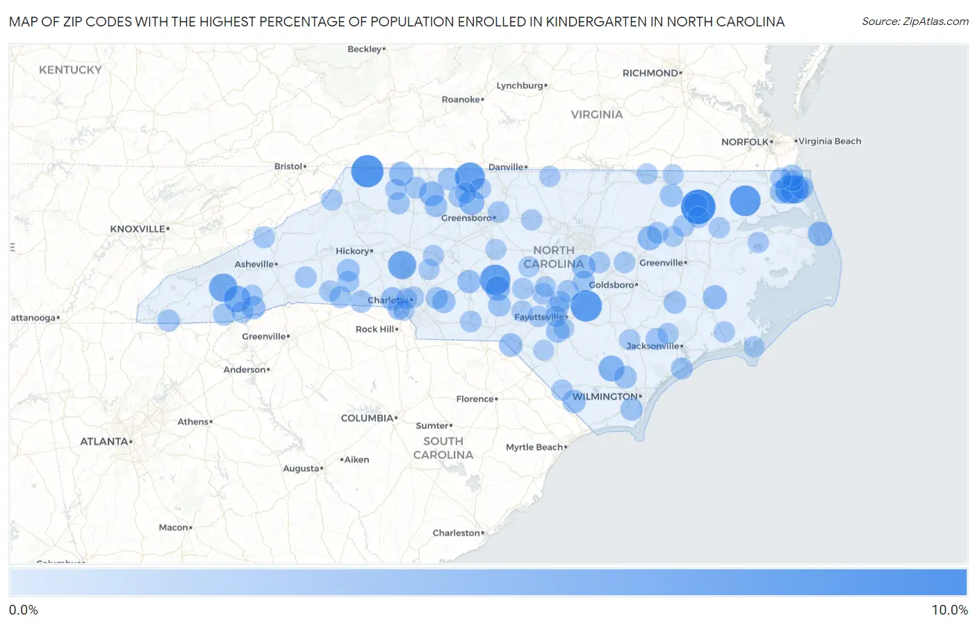 Zip Codes with the Highest Percentage of Population Enrolled in Kindergarten in North Carolina Map