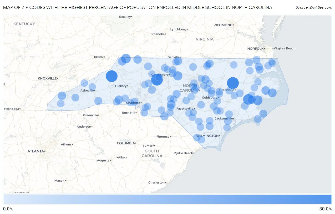 Zip Codes with the Highest Percentage of Population Enrolled in Middle School in North Carolina Map