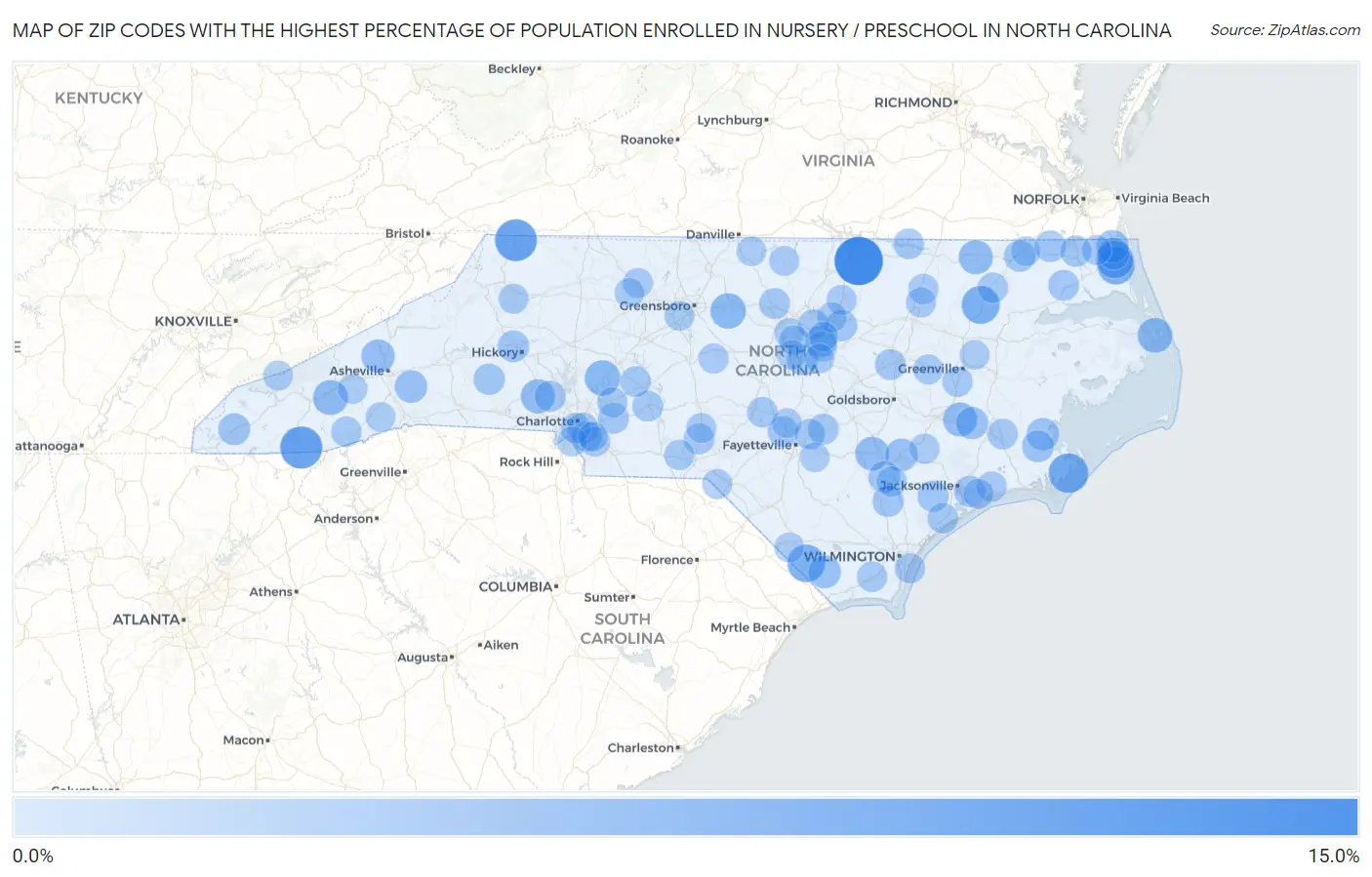 Zip Codes with the Highest Percentage of Population Enrolled in Nursery / Preschool in North Carolina Map