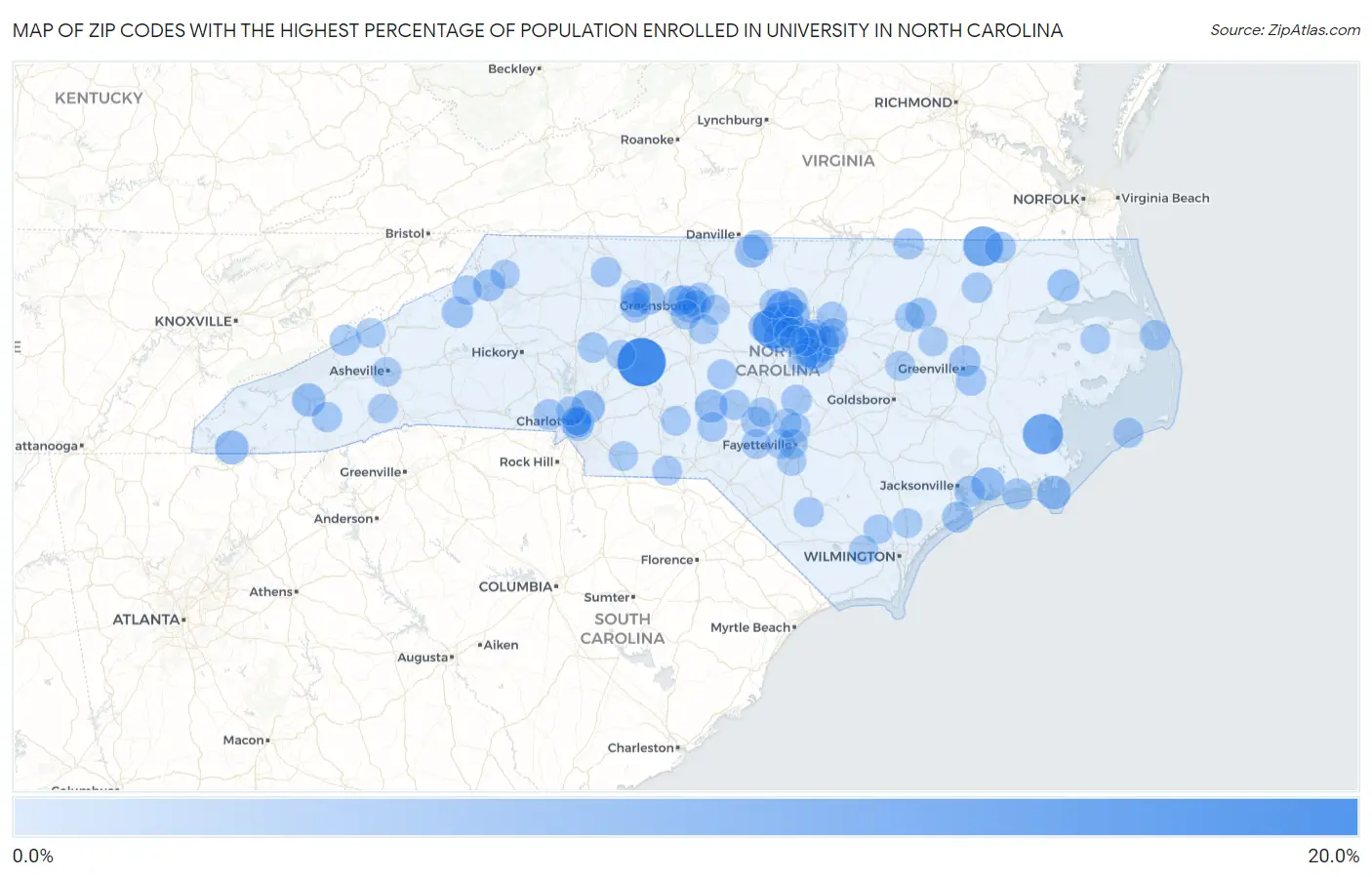 Zip Codes with the Highest Percentage of Population Enrolled in University in North Carolina Map