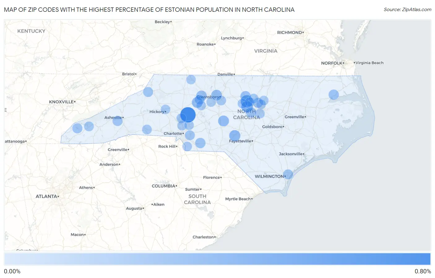 Zip Codes with the Highest Percentage of Estonian Population in North Carolina Map