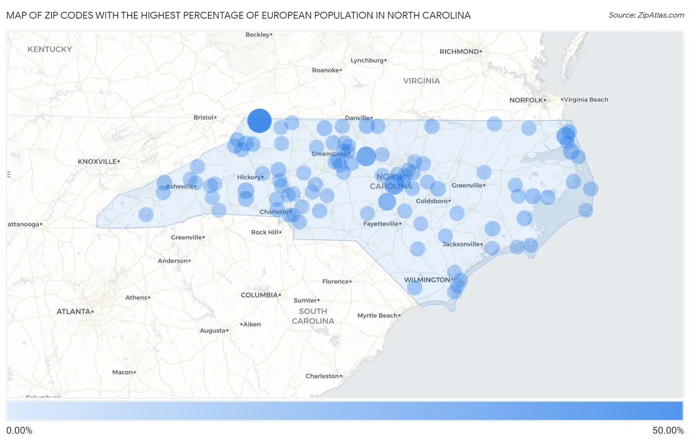 Zip Codes with the Highest Percentage of European Population in North Carolina Map