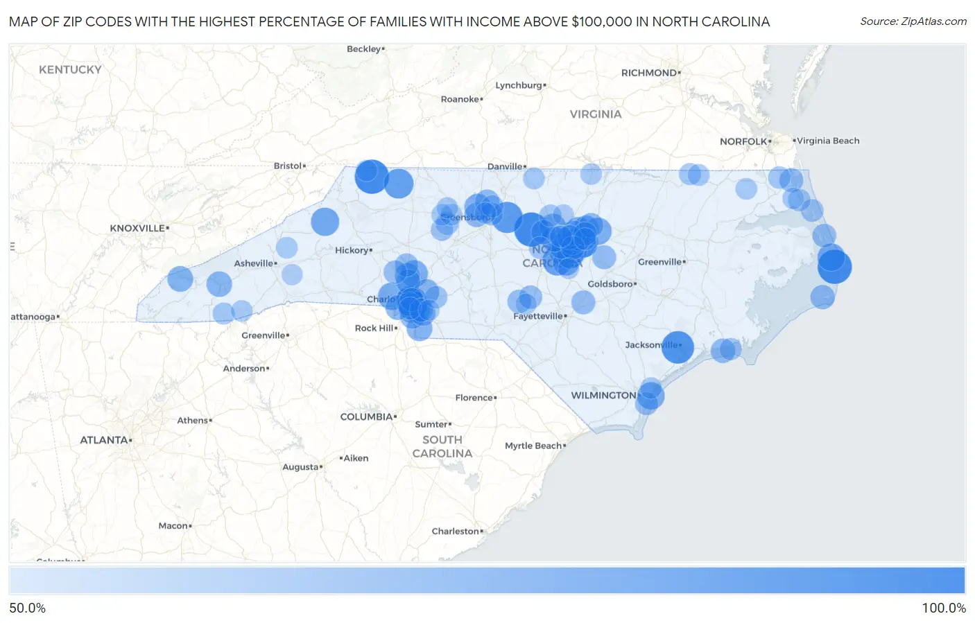 Zip Codes with the Highest Percentage of Families with Income Above $100,000 in North Carolina Map