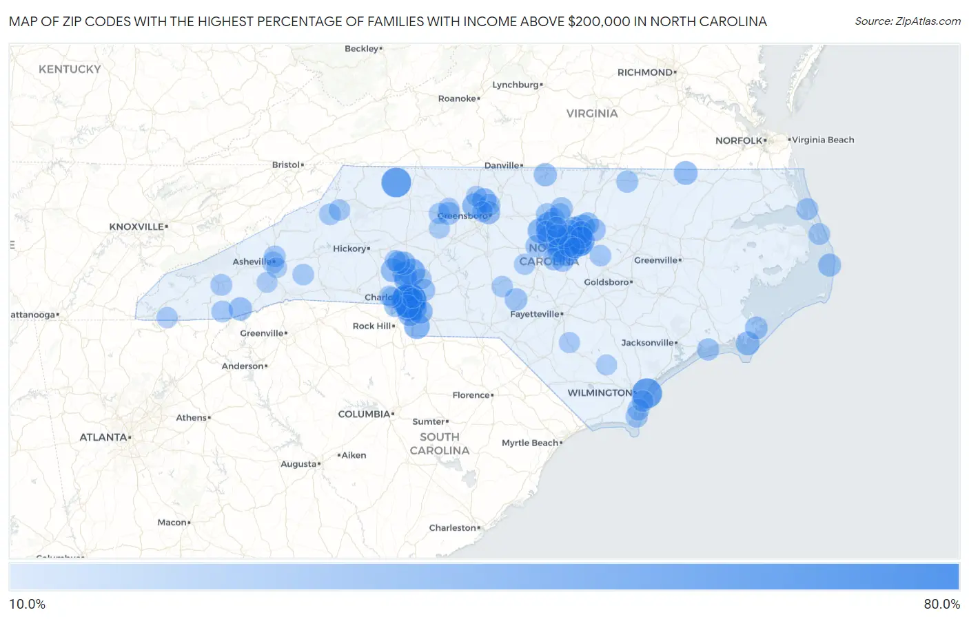 Zip Codes with the Highest Percentage of Families with Income Above $200,000 in North Carolina Map