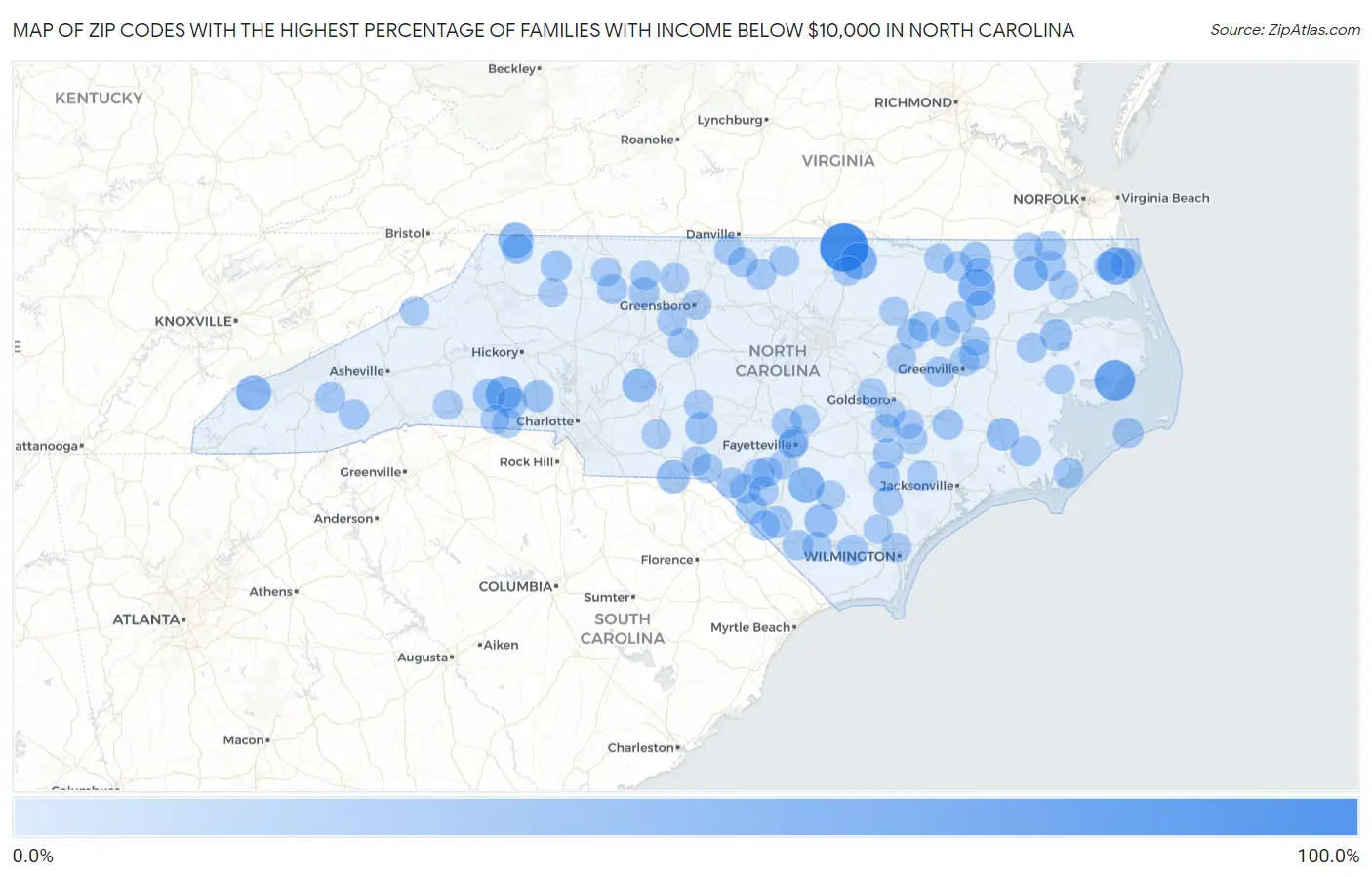 Zip Codes with the Highest Percentage of Families with Income Below $10,000 in North Carolina Map
