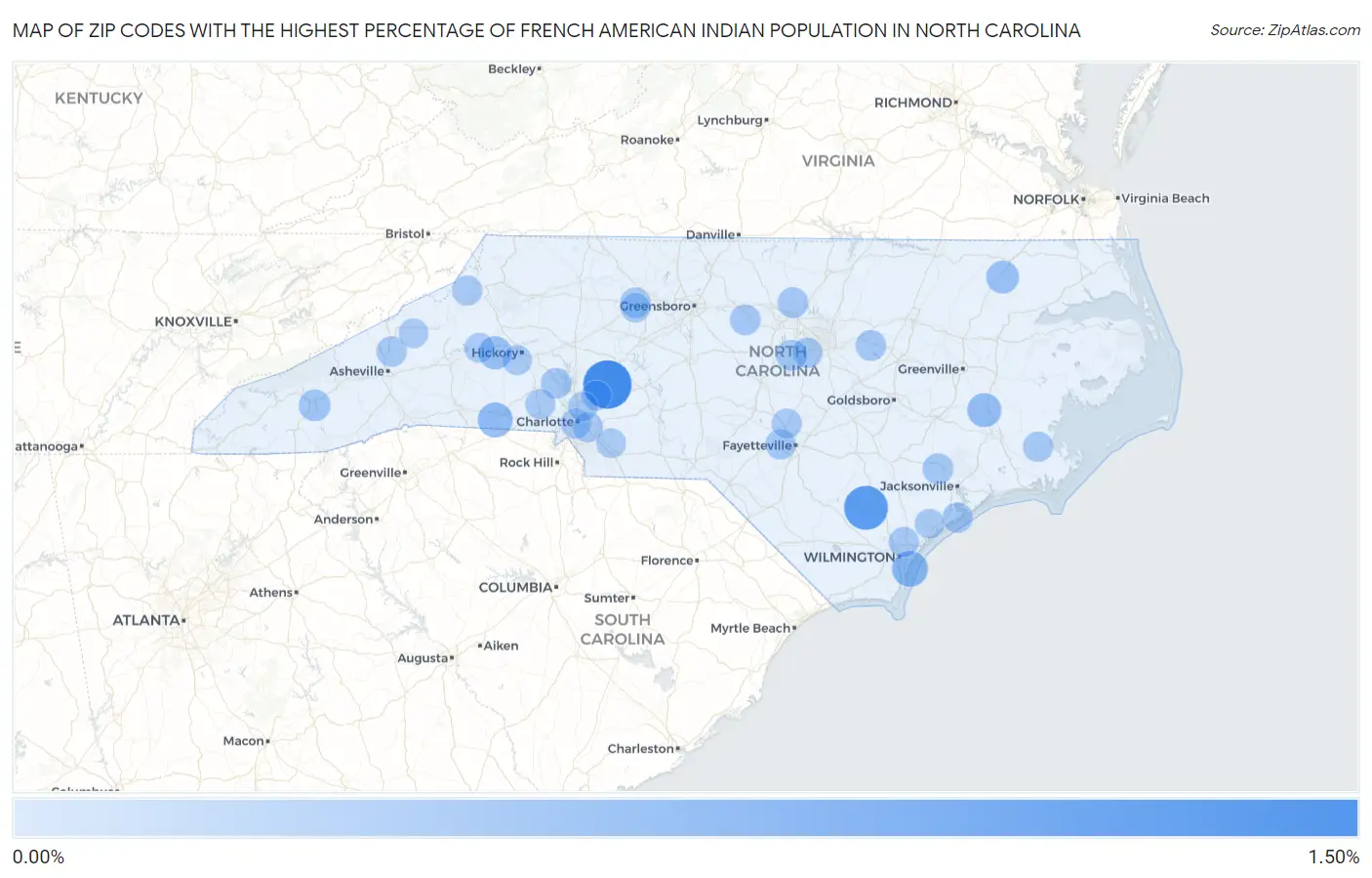 Zip Codes with the Highest Percentage of French American Indian Population in North Carolina Map