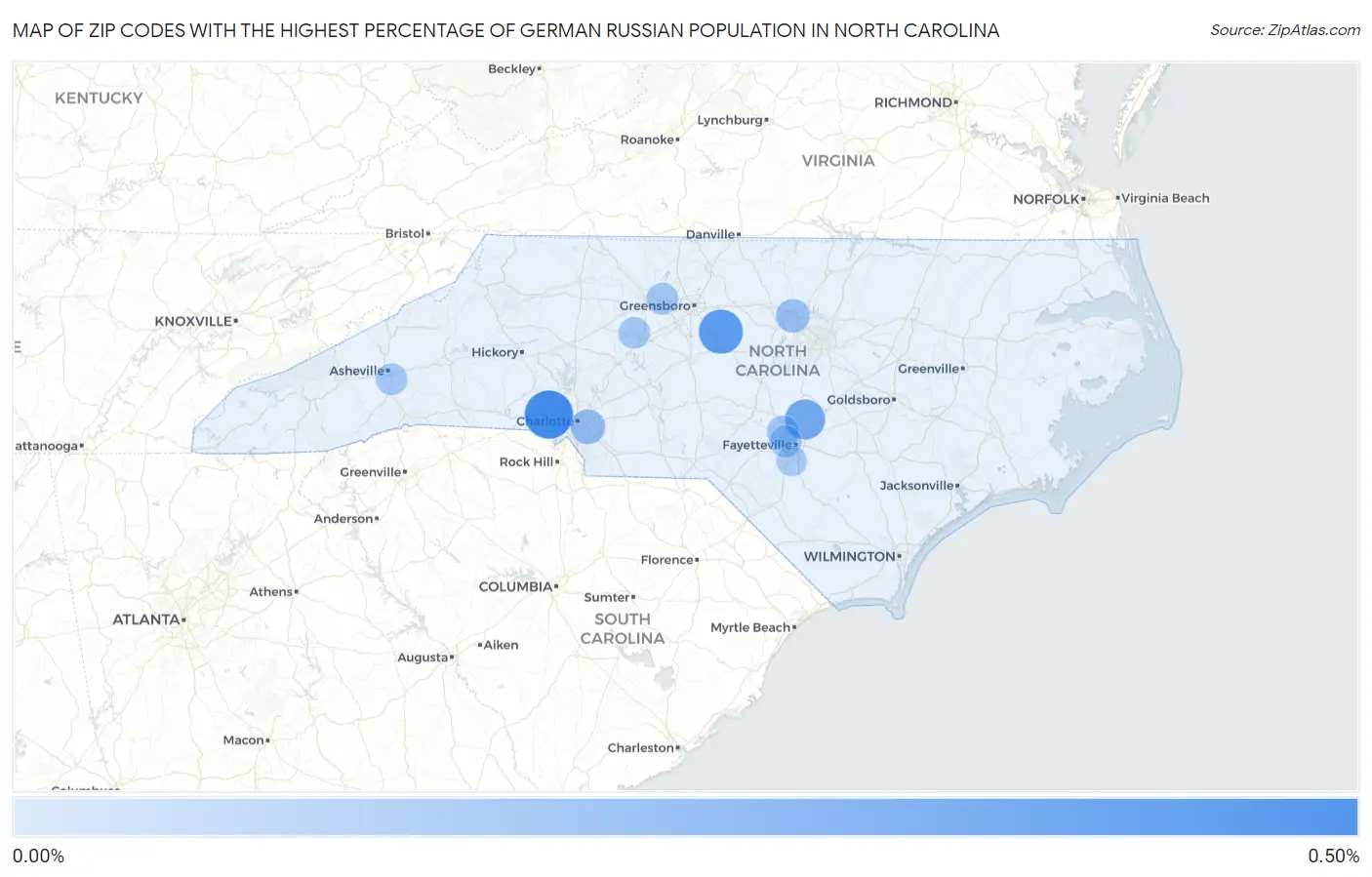 Zip Codes with the Highest Percentage of German Russian Population in North Carolina Map