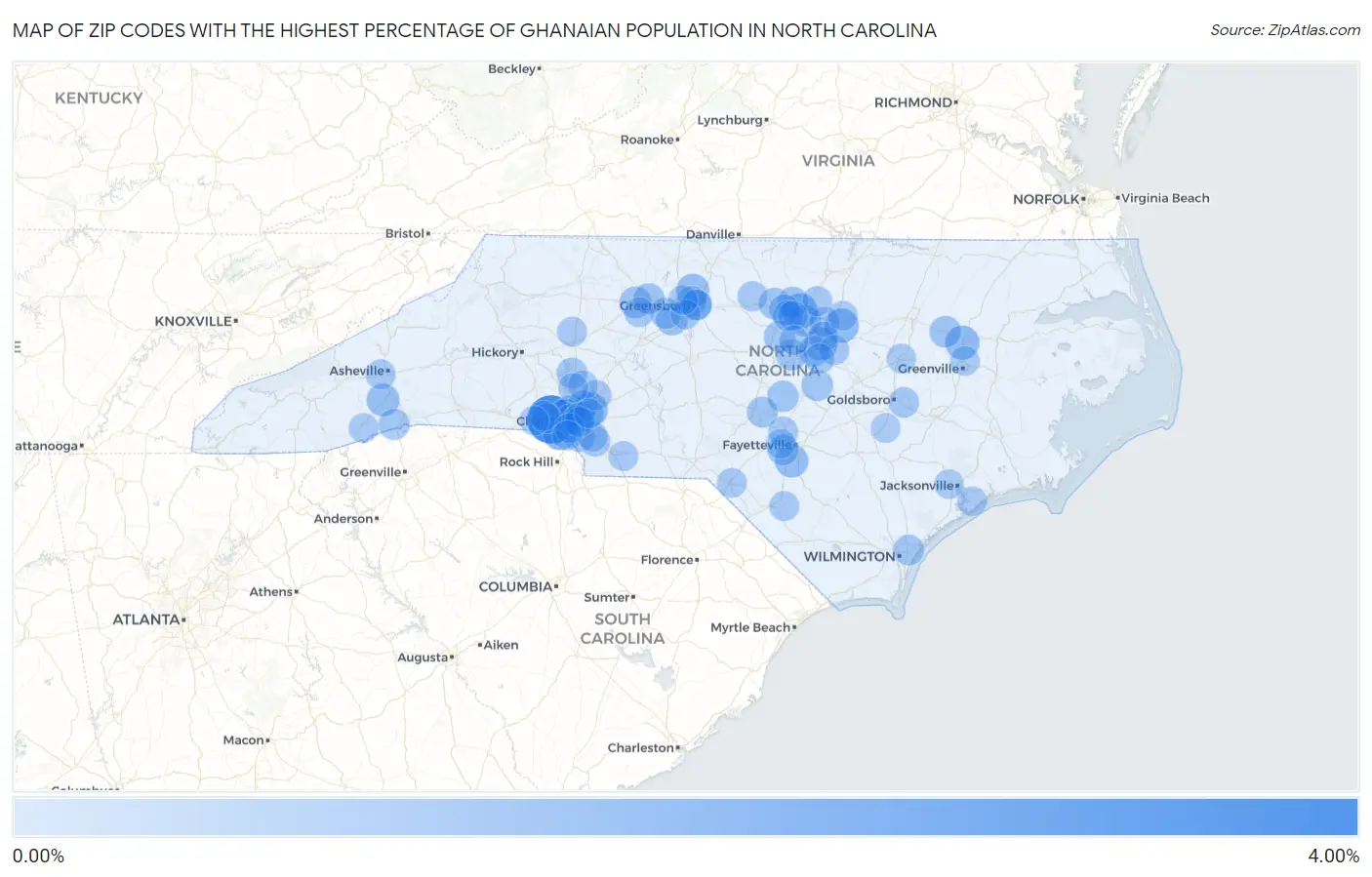 Zip Codes with the Highest Percentage of Ghanaian Population in North Carolina Map