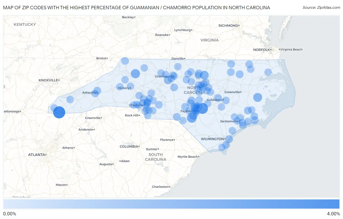 Zip Codes with the Highest Percentage of Guamanian / Chamorro Population in North Carolina Map