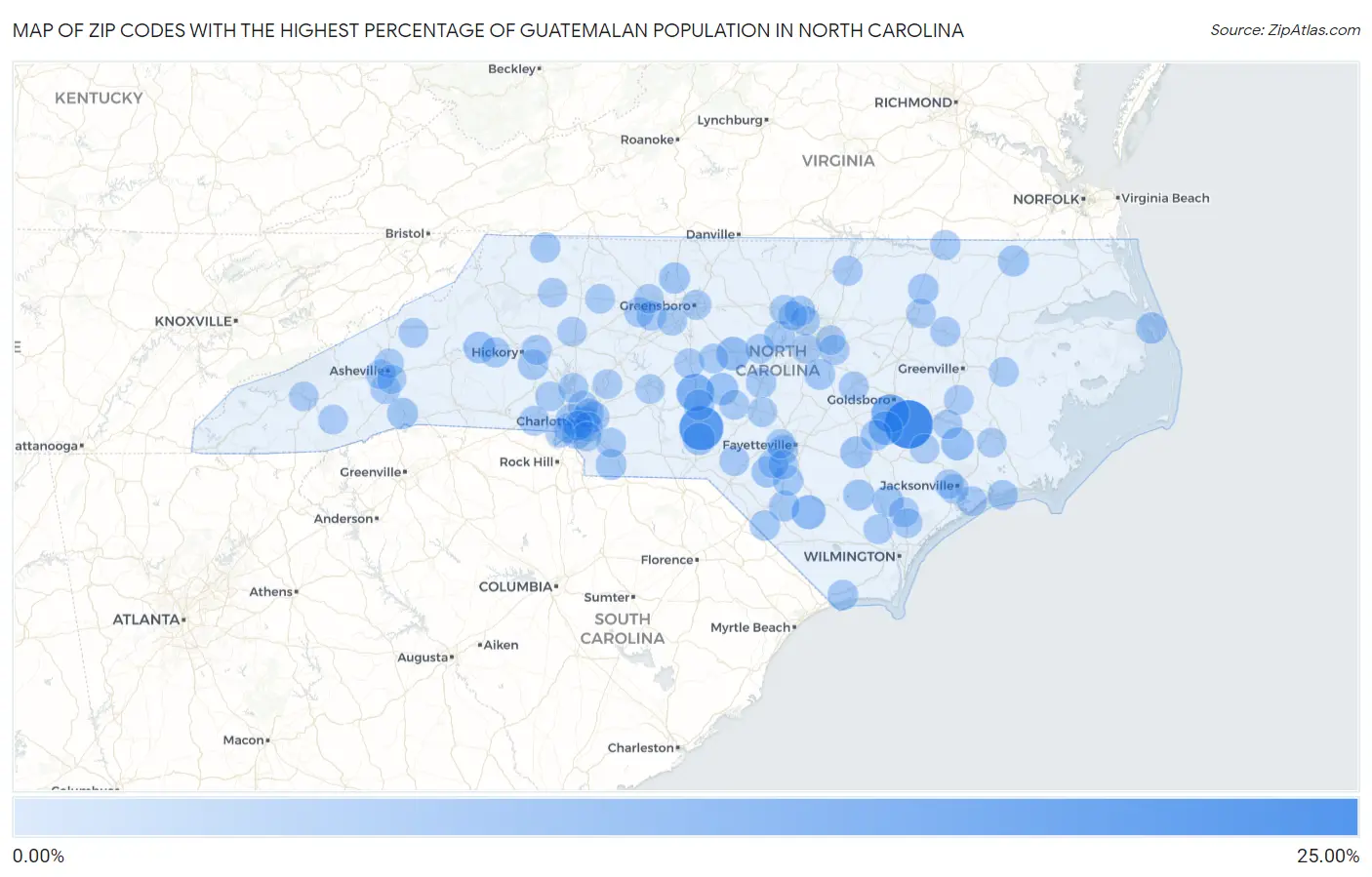 Zip Codes with the Highest Percentage of Guatemalan Population in North Carolina Map