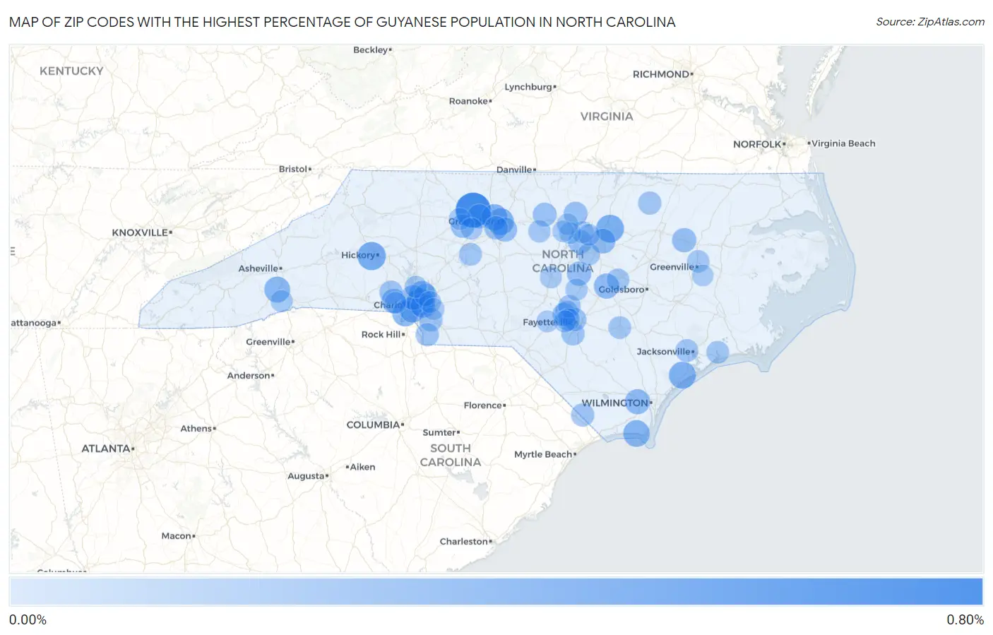 Zip Codes with the Highest Percentage of Guyanese Population in North Carolina Map
