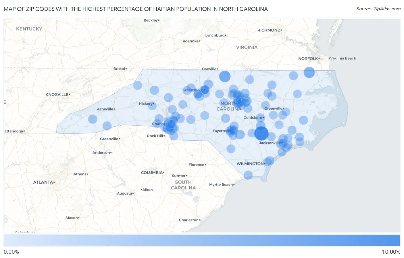 Zip Codes with the Highest Percentage of Haitian Population in North Carolina Map