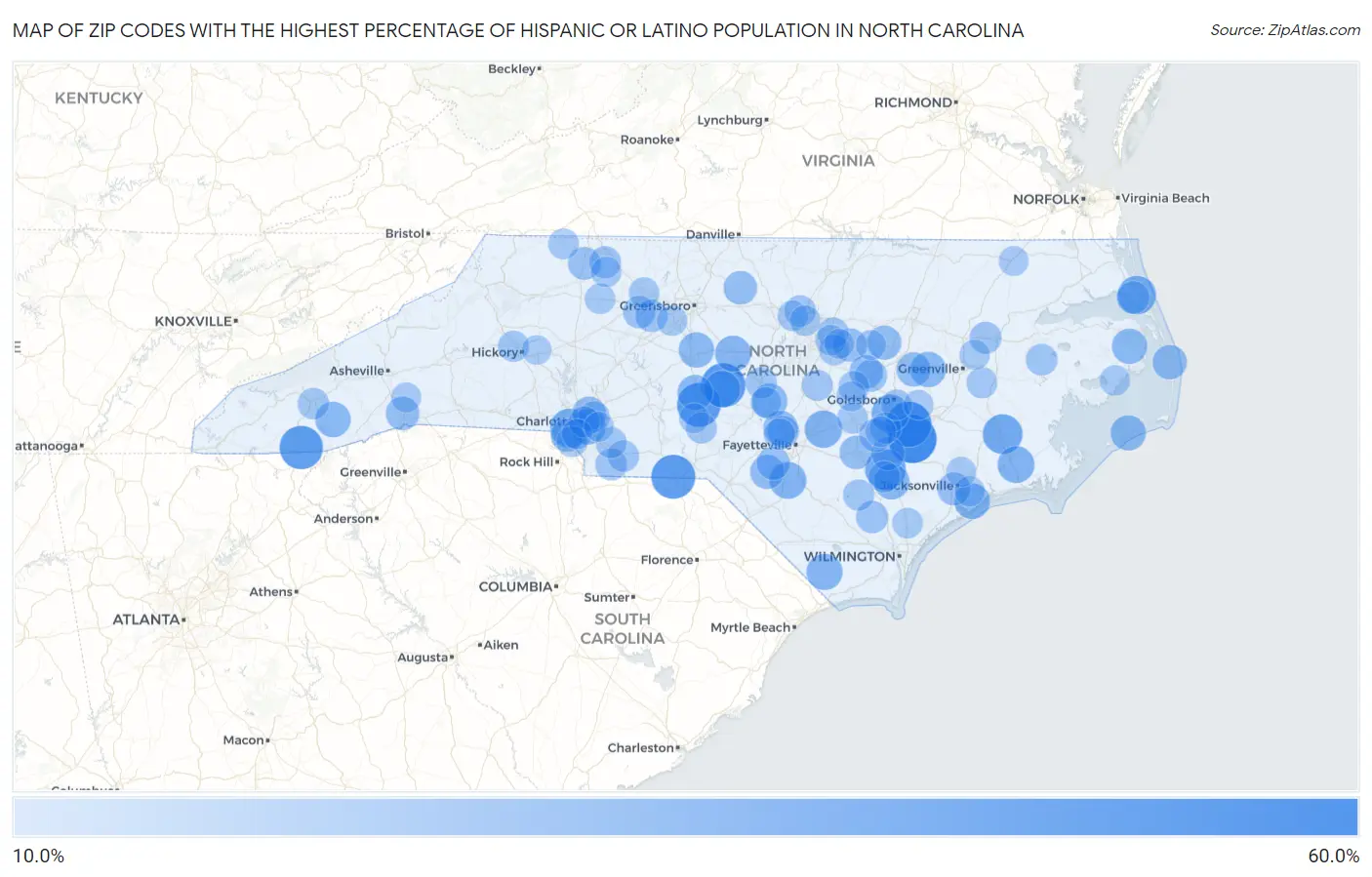 Zip Codes with the Highest Percentage of Hispanic or Latino Population in North Carolina Map